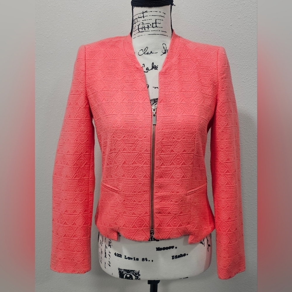 Zara Trafaluc Coral Full Cropped Zip Blazer Jacket Cotton Textured Size Medium
